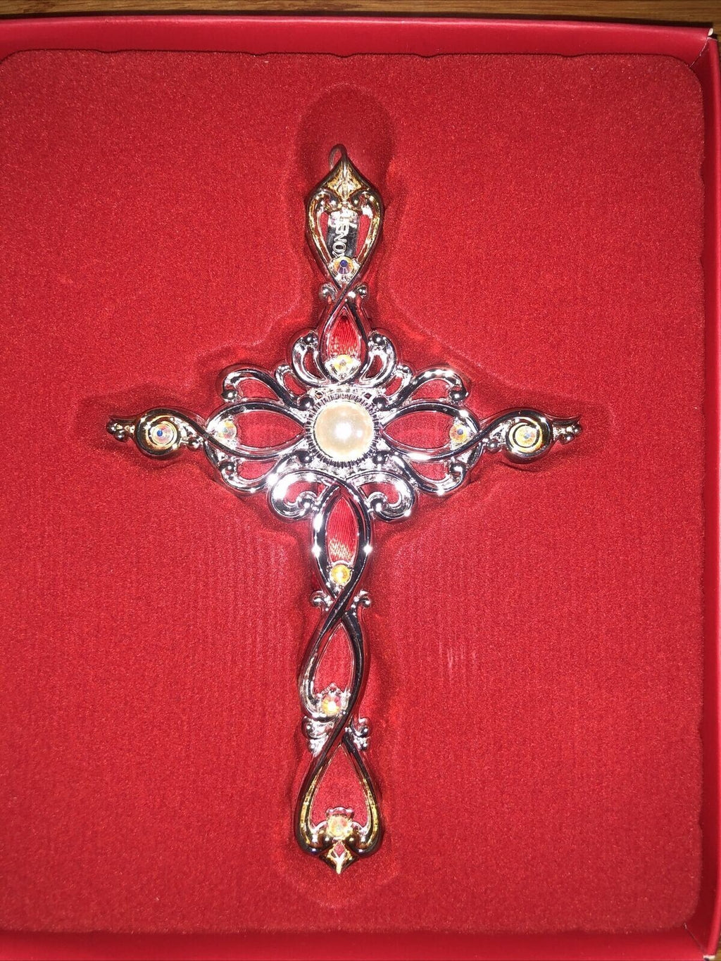 Lenox Gemmed Cross Ornament Filigree Silver Pearl Crystals 2015 Christmas NEW2