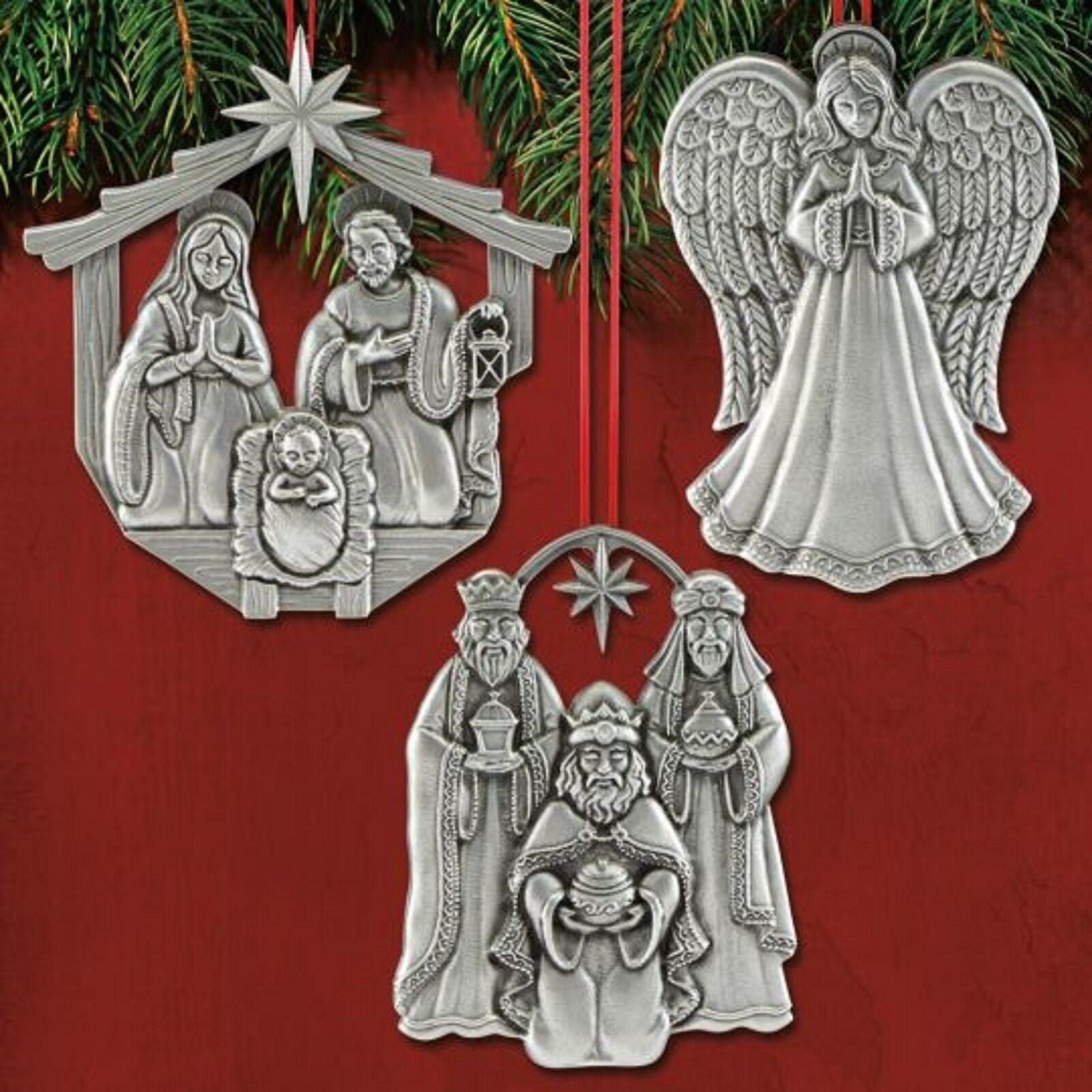 Reed & Barton Pewter Nativity Ornament Set 3 PC Family Kings Angel Christmas NEW1