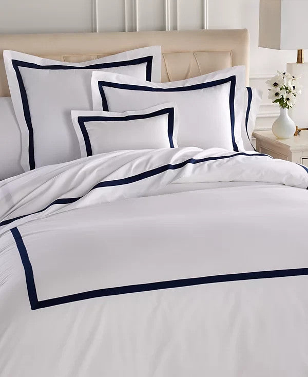 Sferra Estate White Queen Duvet Navy Applique Stripe Cotton Percale Italy NEW3