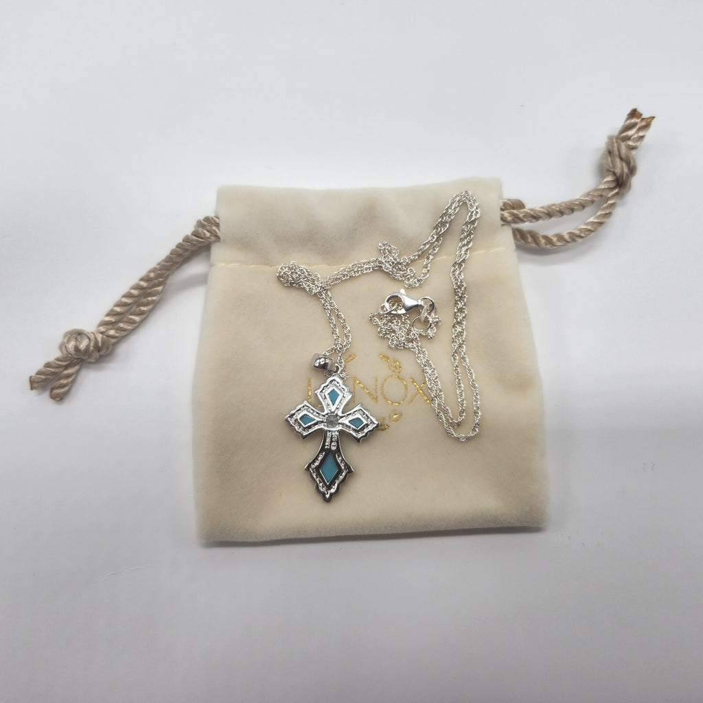 Lenox Turquoise Cross Necklace Blue Topaz Stone Sterling Silver Chain 18" NEW8