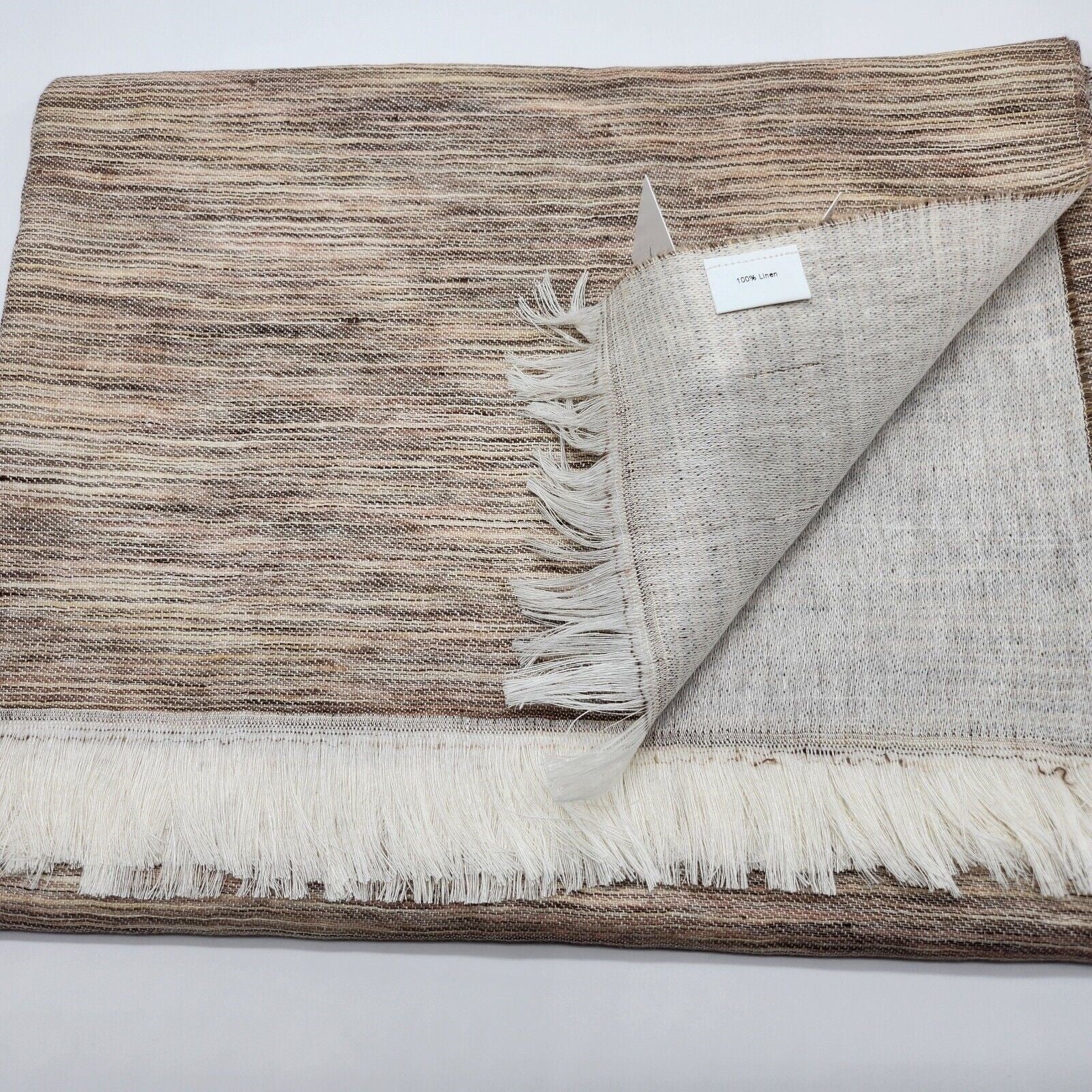 Sferra Pebble Throw Blanket Fringe Linen Woven Linear Design Oversized Italy NEW4