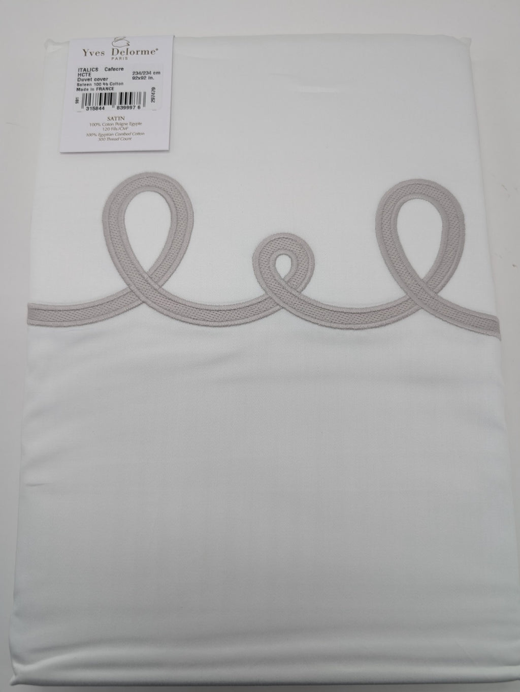Yves Delorme Italics White Queen Duvet Tan Embroidery Egyptian Cotton Sateen NEW9