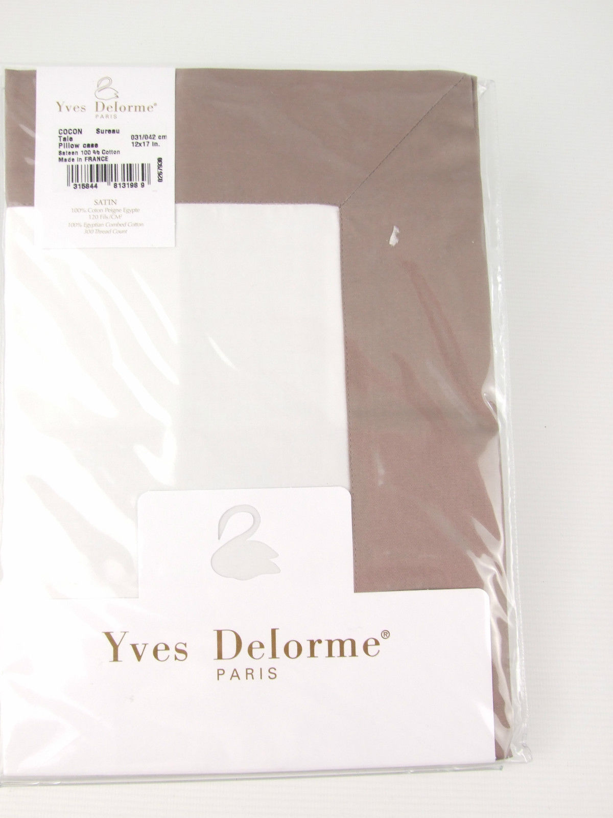Yves Delorme Cocon  White Queen Flat Sheet Taupe Border Cotton Sateen Sureau NEW1