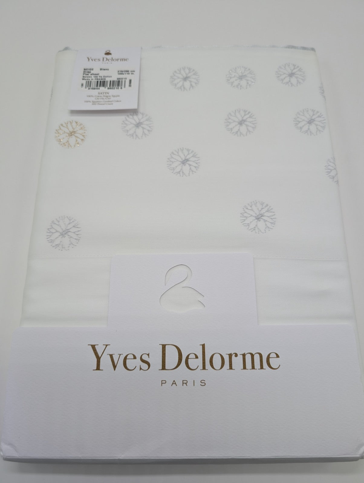 Yves Delorme Neige King Flat Sheet Embroidered Snowflakes Egyptian Cotton LE NEW0