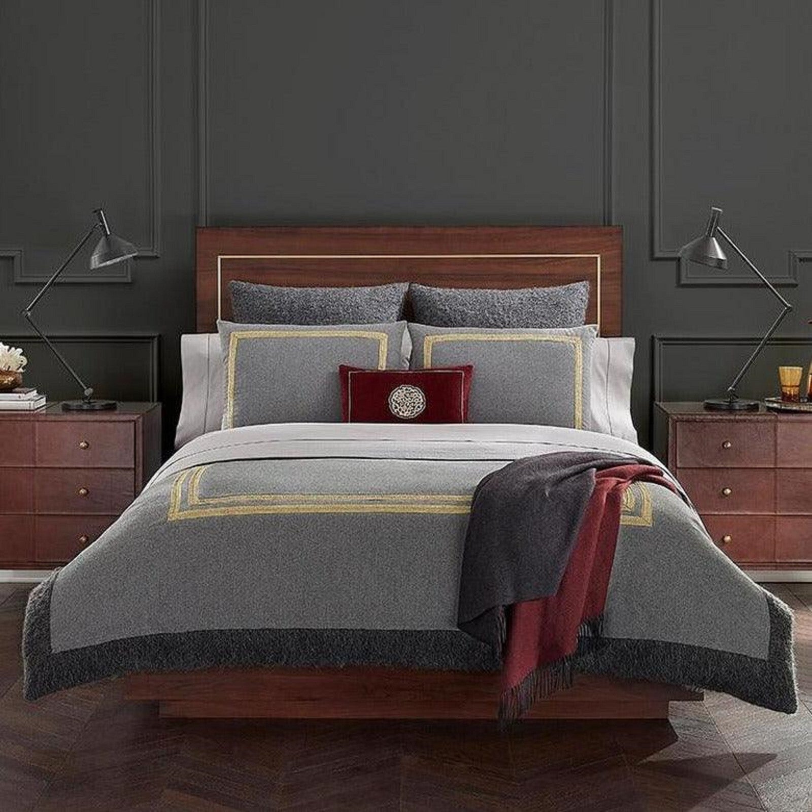 Sferra Jeno Throw Blanket Burgundy Grey Variated Fringe Angora & Merino Soft NEW6