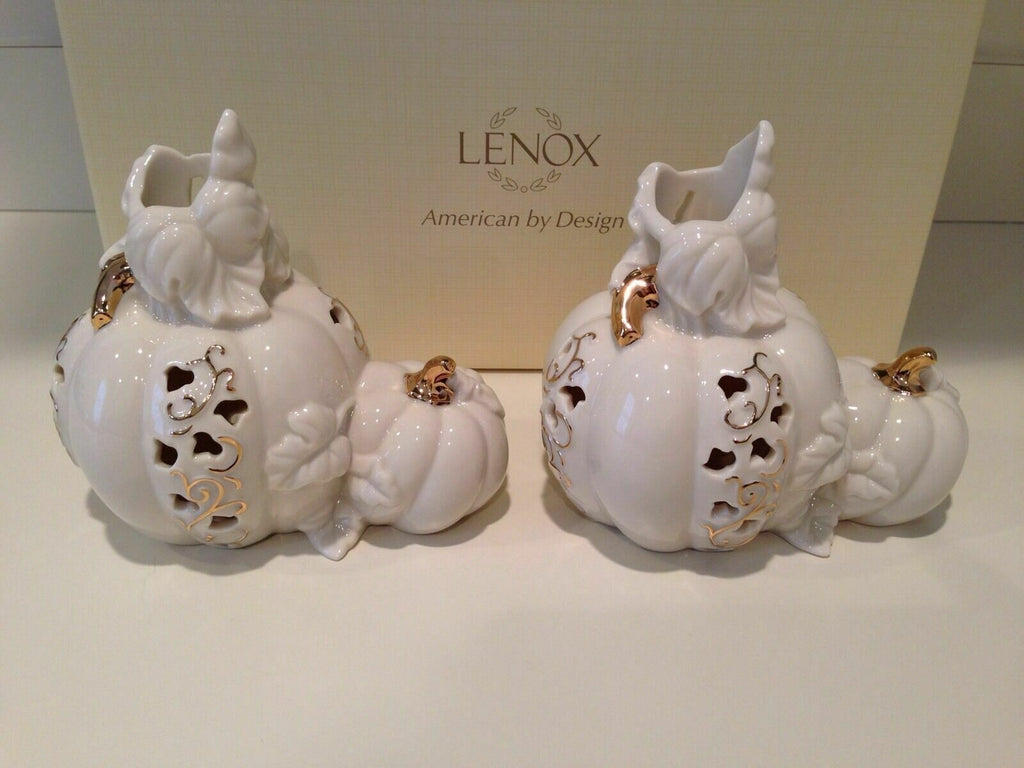 Lenox Pierced Pumpkin Candlestick Holders Pair Fall Halloween Thanksgiving NEW1