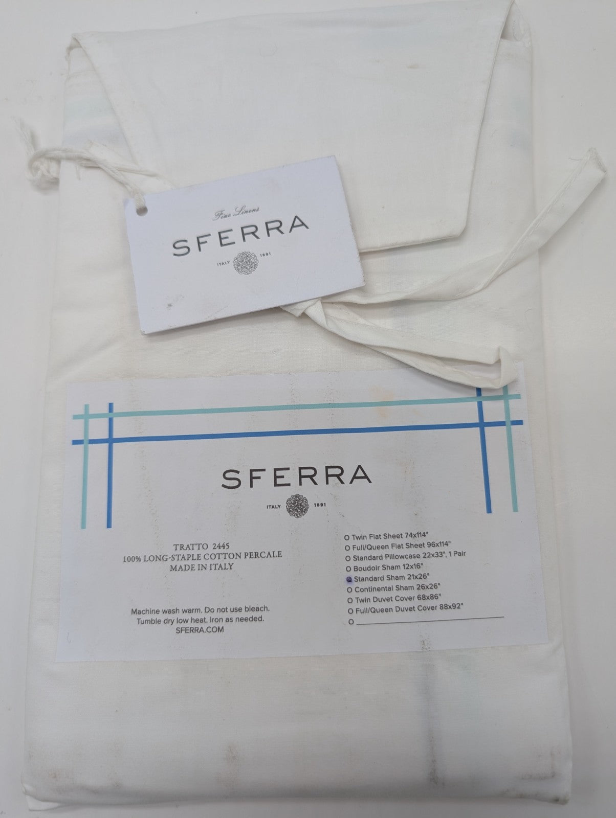 Sferra Tratto White Standard Sham Blue Satin Stitch Lines Embroidery  Italy NEW0