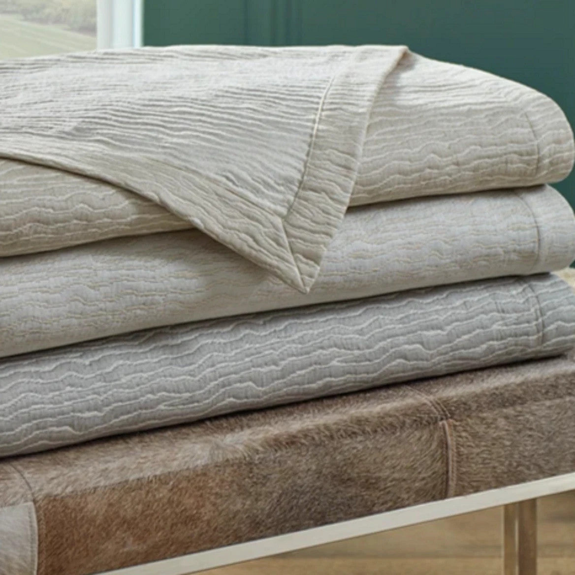 Sferra Ondate Dark Khaki King Blanket Cover Two Toned Textured Cotton Italy NEW9