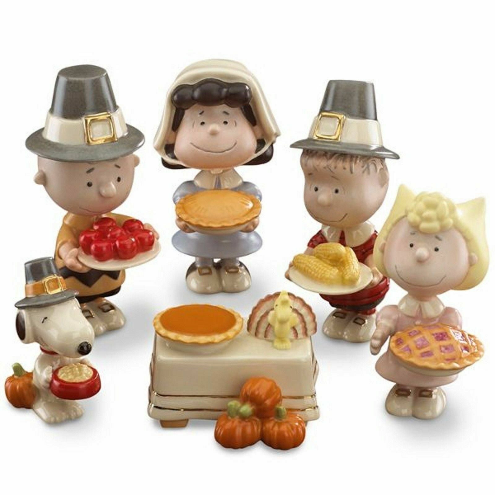 Lenox Peanuts Thanksgiving Figurines 6PC Pilgrim Dinner Snoopy Charlie Brown NEW0