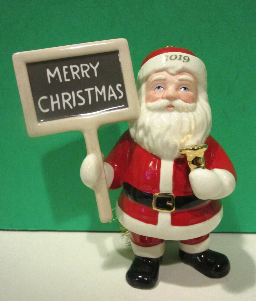 Lenox 2019 Santa Figurine Ornament Annual Holding Sign Merry Christmas Bell NEW4