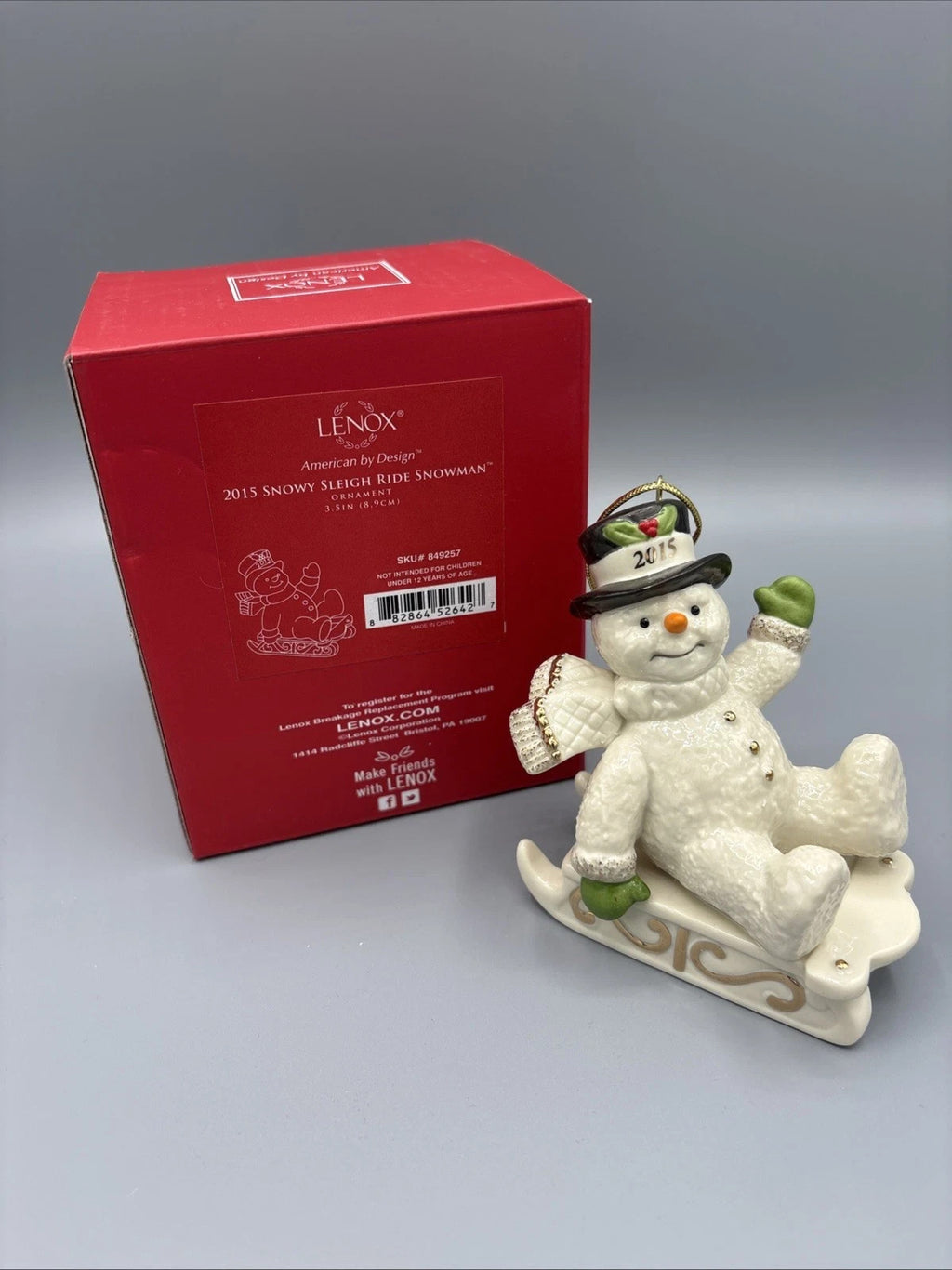 Lenox 2015 Snowman Figurine Ornament Annual Snowy Sleigh Ride Sled Christmas NEW9