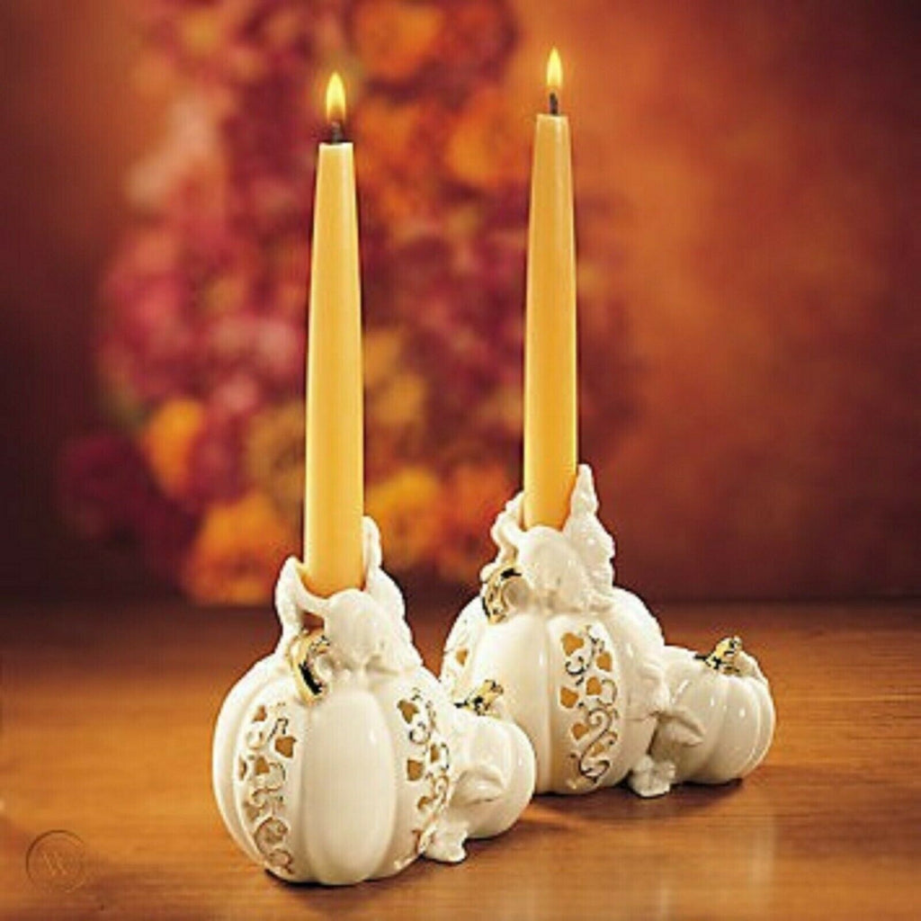 Lenox Pierced Pumpkin Candlestick Holders Pair Fall Halloween Thanksgiving NEW0