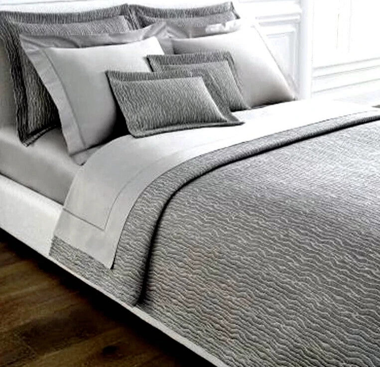 Sferra Ondate Queen Blanket Cover Sham Set 2PC Gunmetal Grey Textured Cotton NEW1