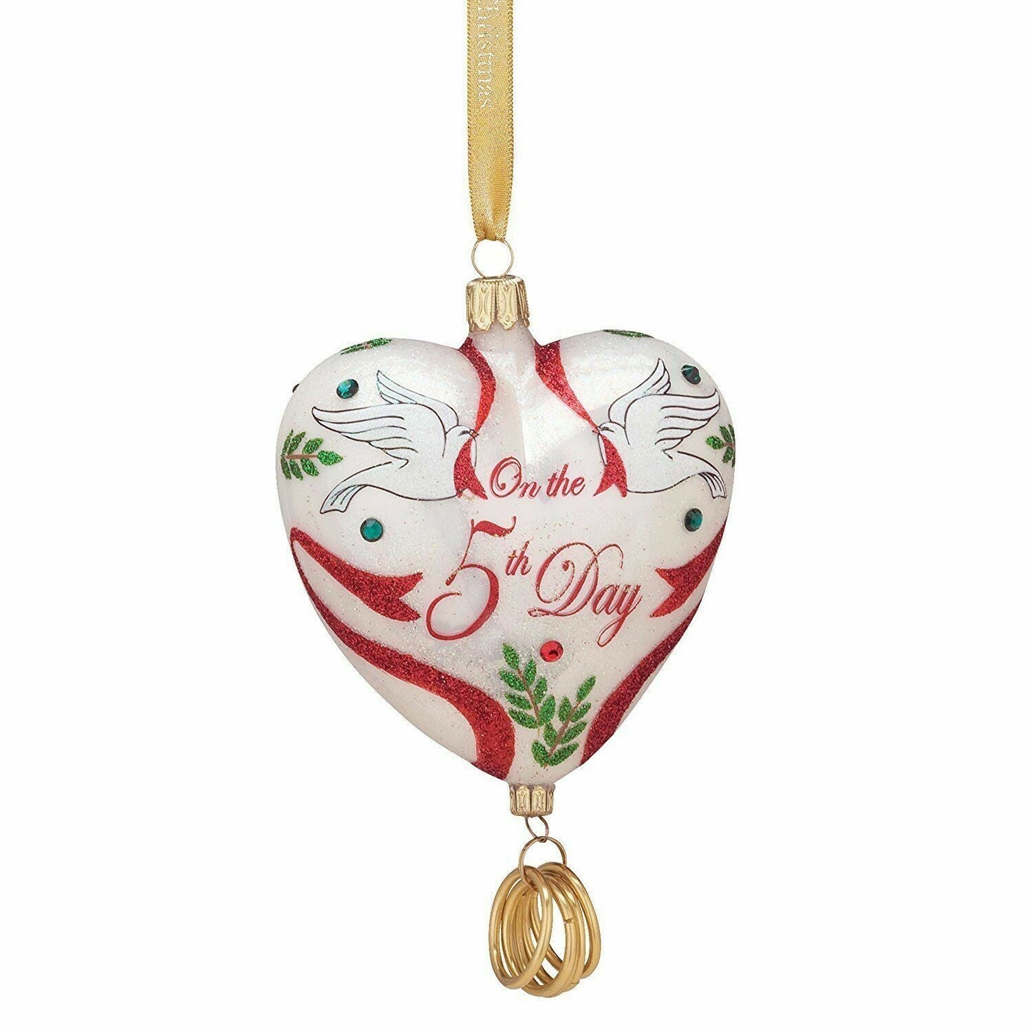 Reed & Barton 5 Golden Rings Glass Ornament Five 12 Days Of Christmas Heart NEW1
