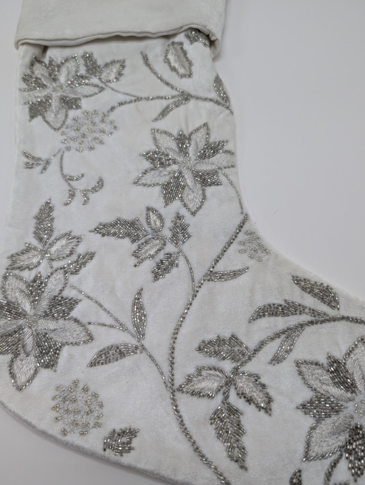 Sferra Allegria Velvet Christmas Stocking Poinsettia Ivory Silver Embroidery NEW6