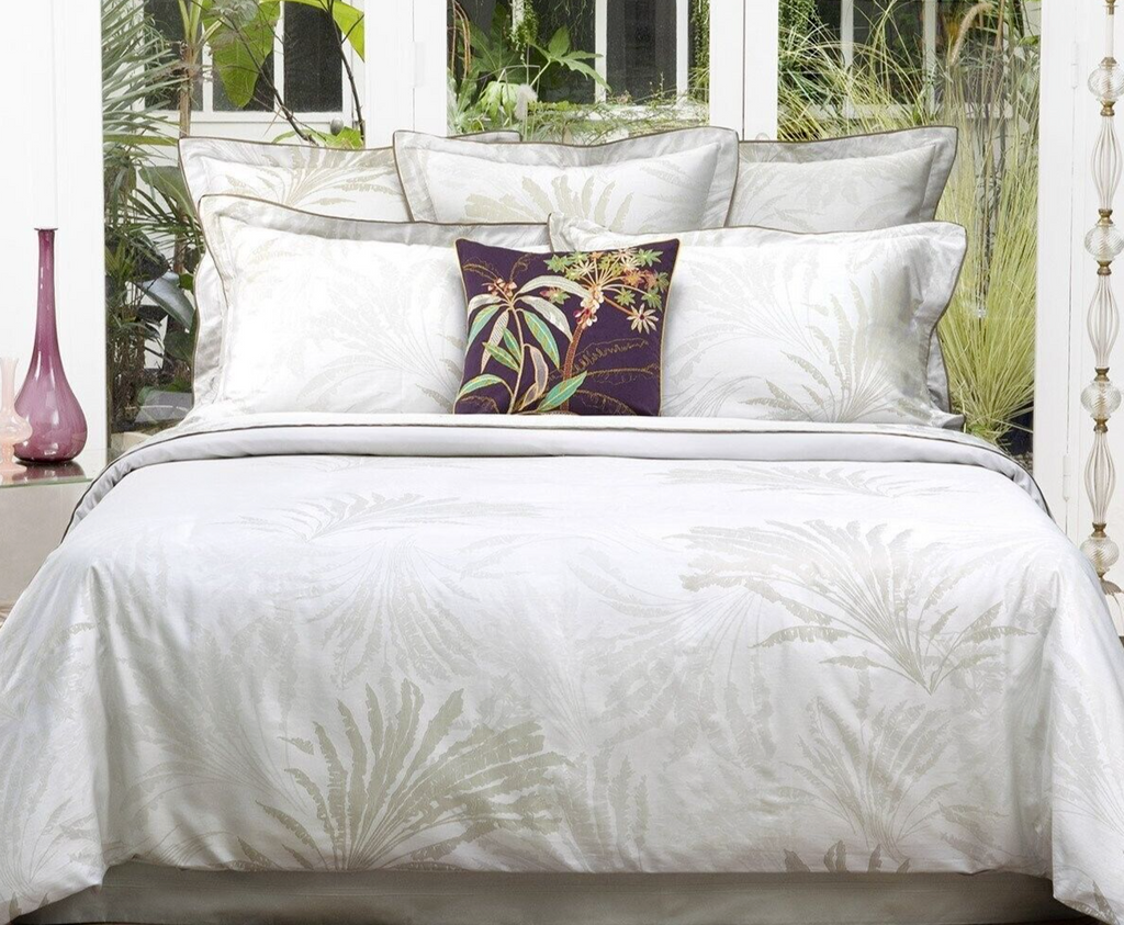 Yves Delorme Palmea Sage Queen Flat Sheet Palm Leaves Reversible Jacquard NEW0