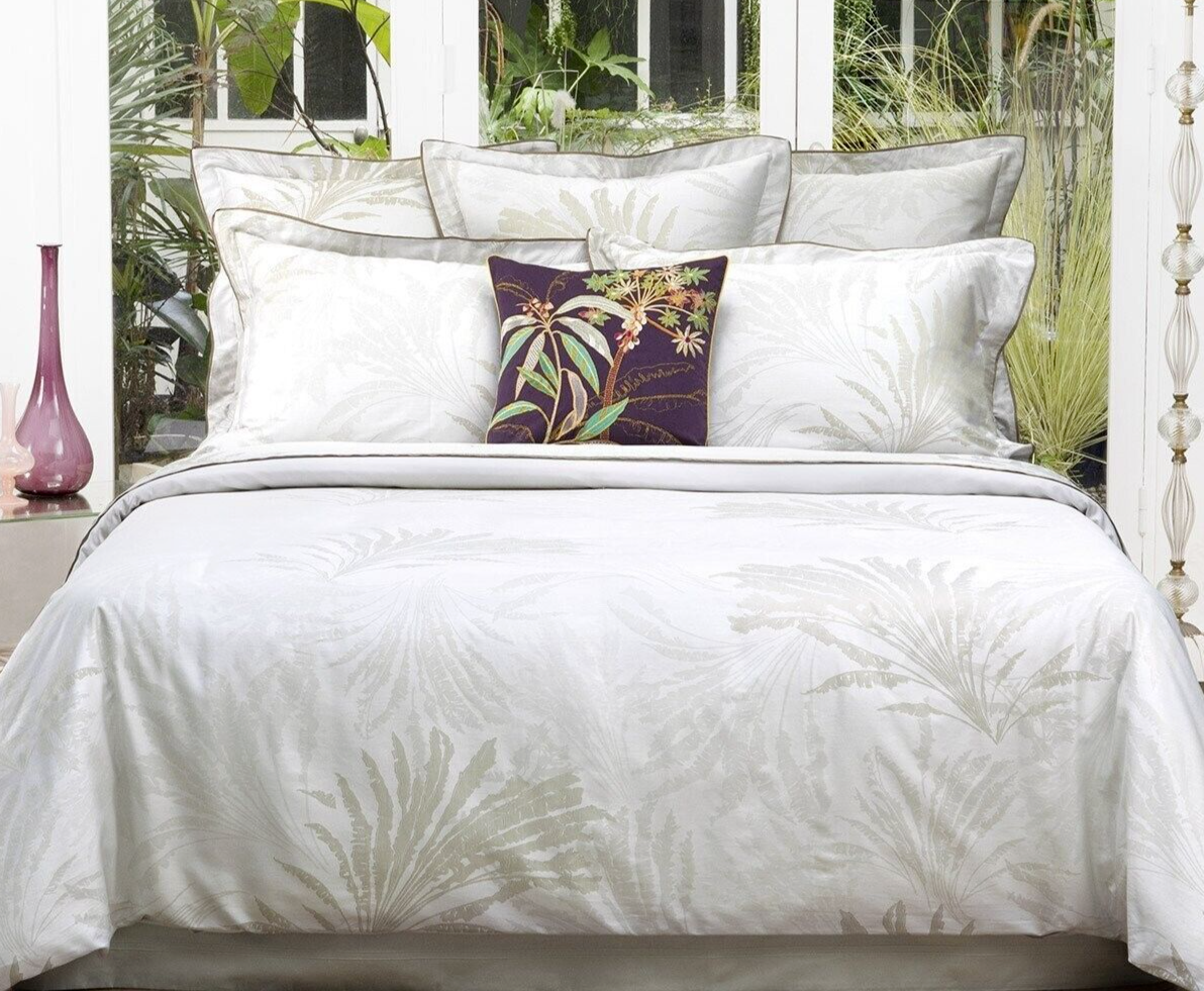 Yves Delorme Palmea Sage Queen Flat Sheet Palm Leaves Reversible Jacquard NEW0