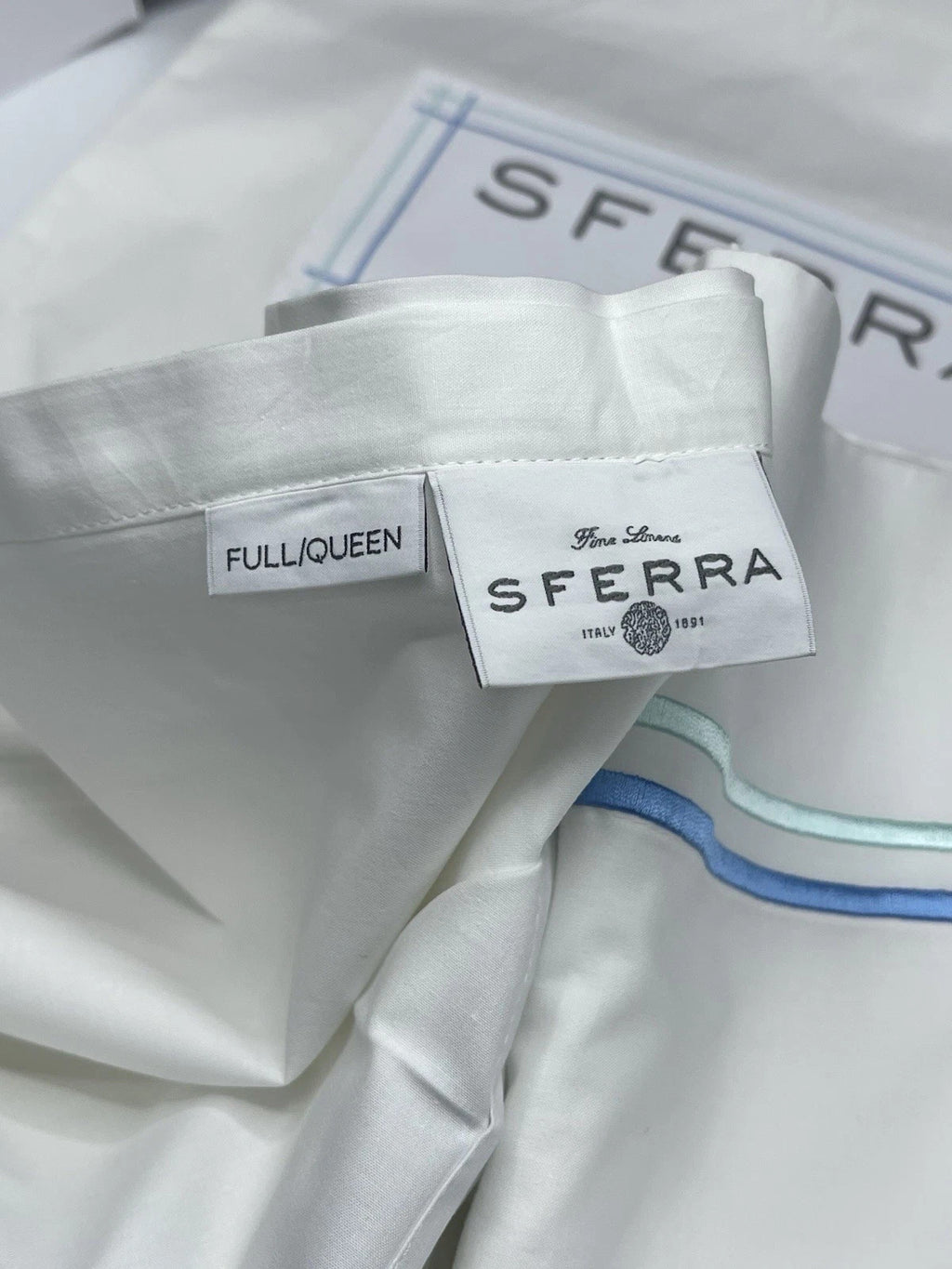 Sferra Tratto White Queen Duvet Blue Satin Stitch Line Embroidery Italy NEW10
