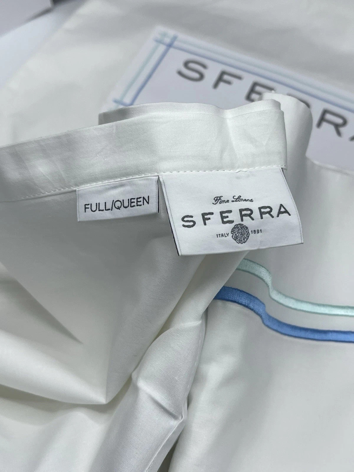 Sferra Tratto White Queen Duvet Blue Satin Stitch Line Embroidery Italy NEW10