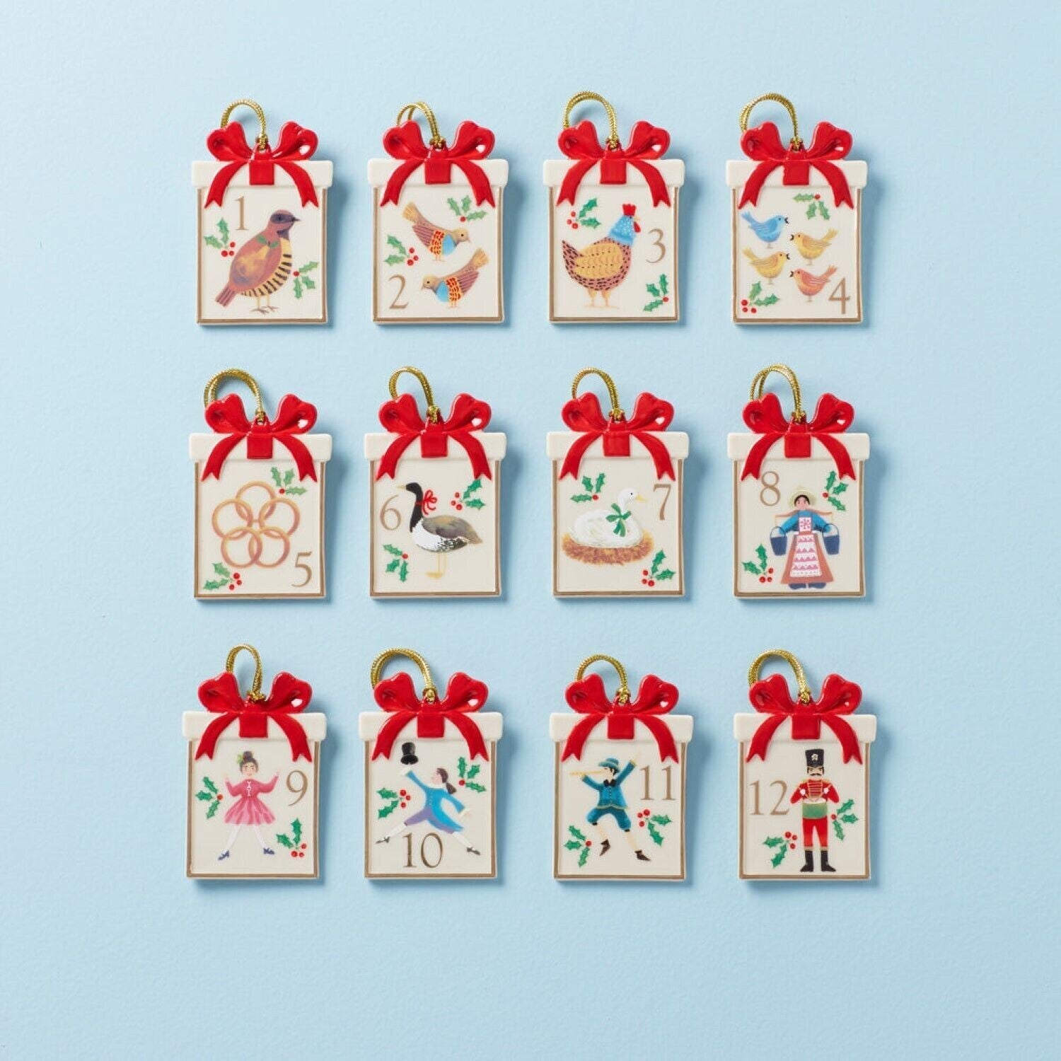 Lenox Twelve Days Of Christmas 12-Piece Ornament Set Hand Painted Bows Gift NEW2