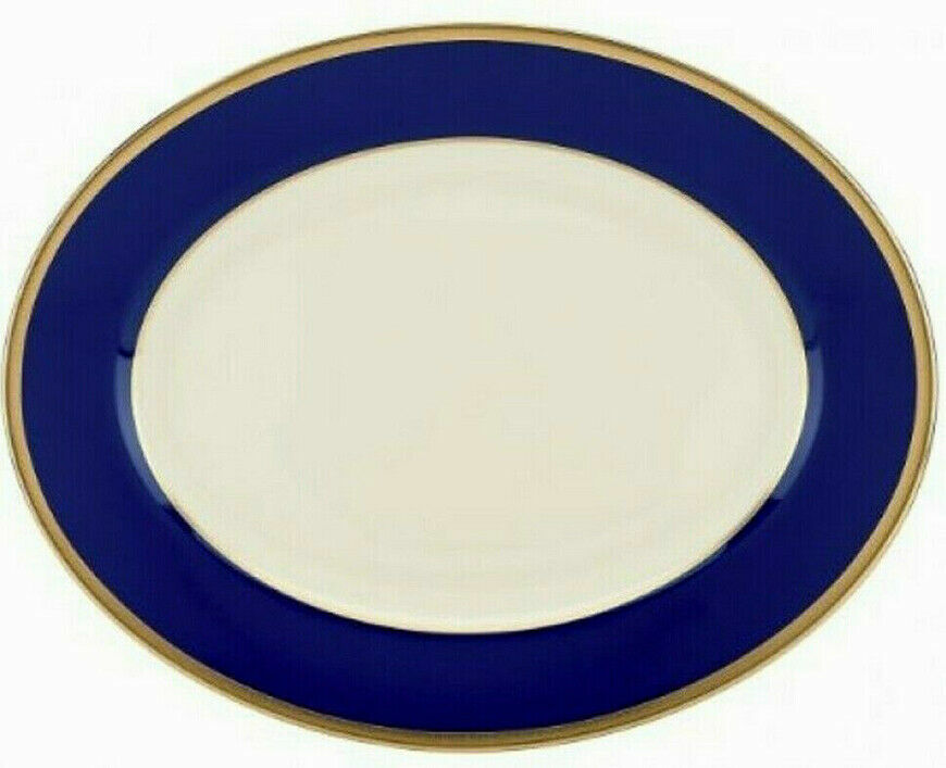 Lenox Independence Oval Serving Platter 13 Ivory China Blue & Gold Bands USA NEW0