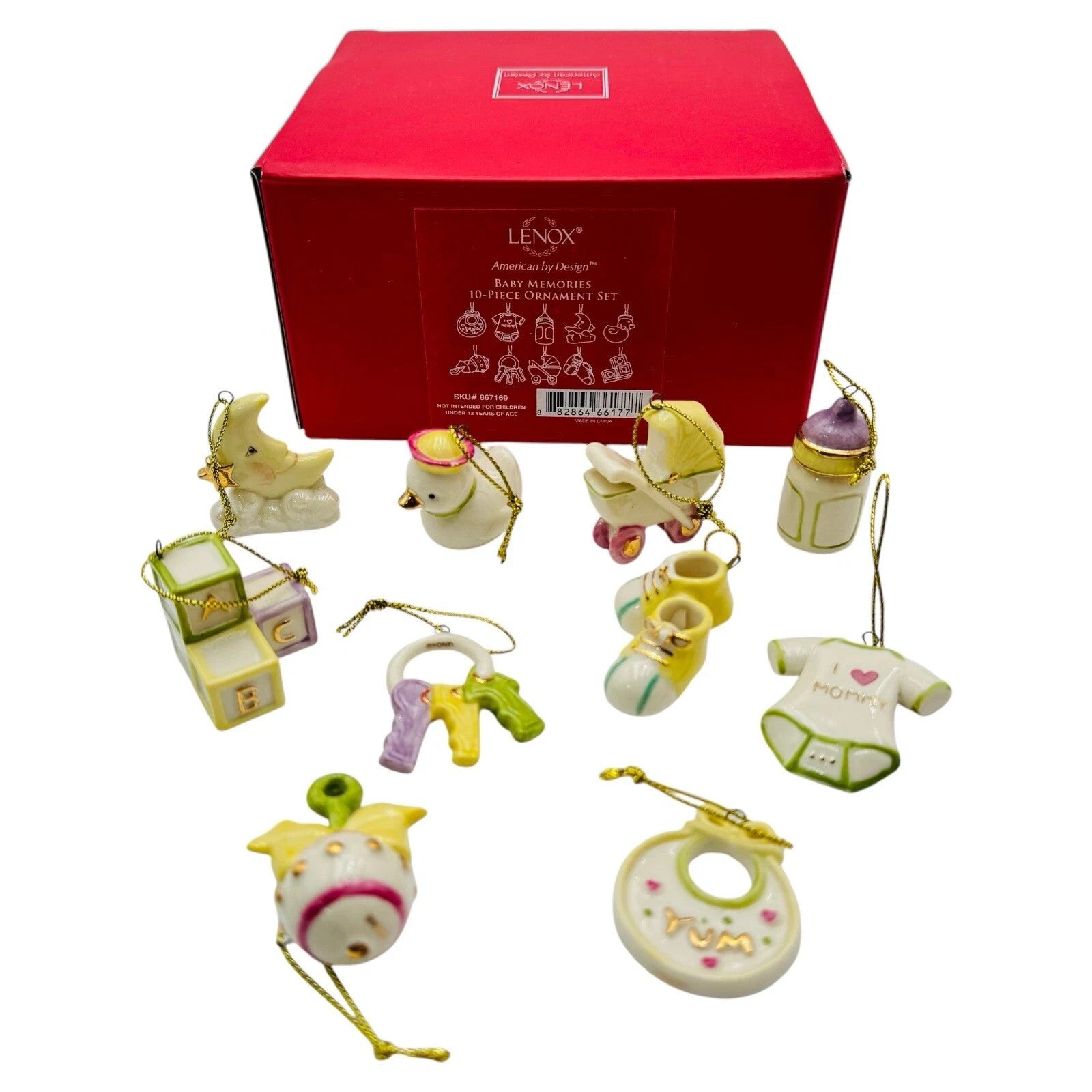 Lenox Baby Memories Mini Tree Ornaments Set 10 Booties Rattle Blocks Bottle NEW8