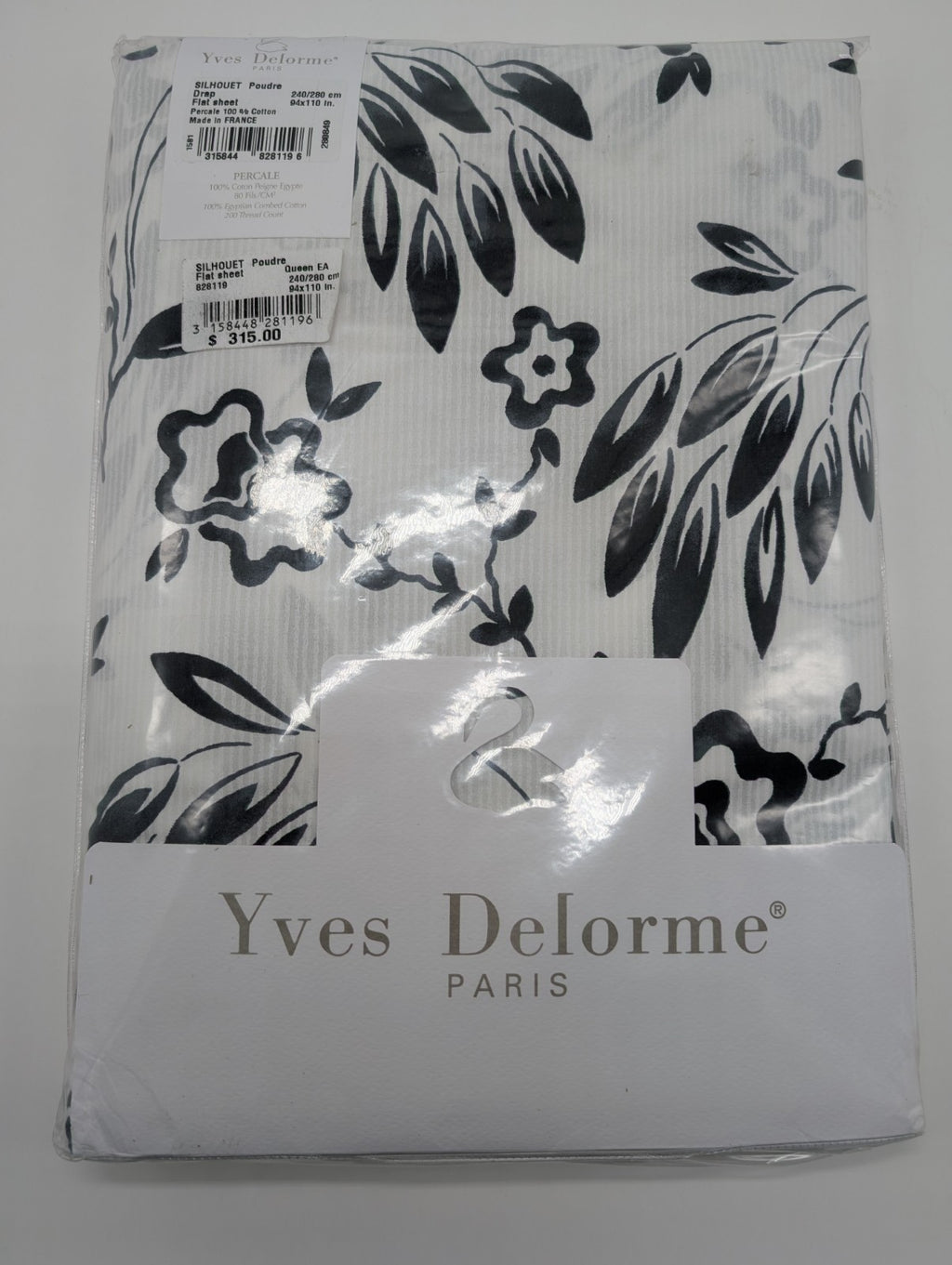 Yves Delorme Silhouette Queen Flat Sheet Black White Print Pink Cuff Percale NEW1