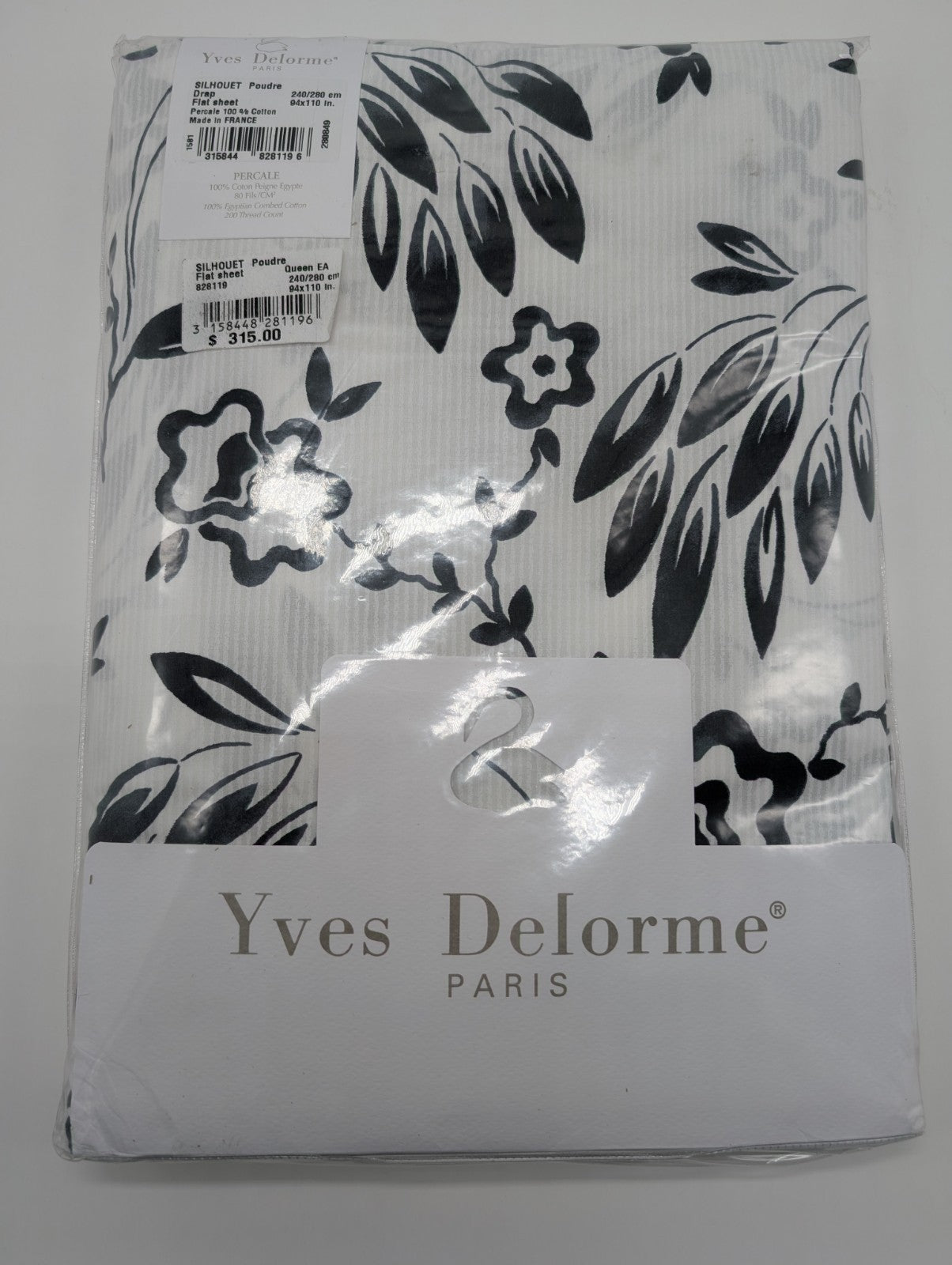 Yves Delorme Silhouette Queen Flat Sheet Black White Print Pink Cuff Percale NEW1