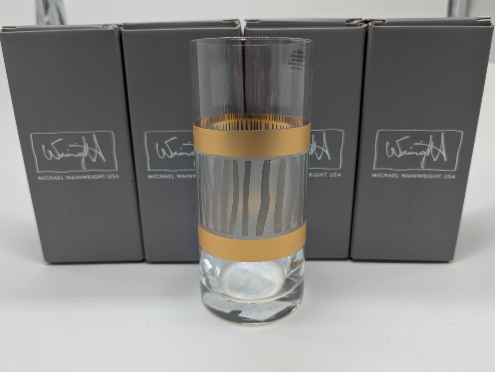 Lenox Wainwright La Rochelle Highball Glasses Set 4 Gold & Platinum Stripes NEW0