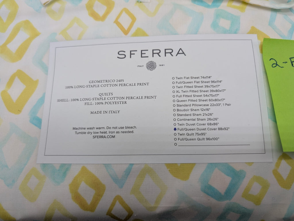 Sferra Geometrico Queen Duvet Set 3PC Aqua Yellow Diamond Percale Print Italy Ne16